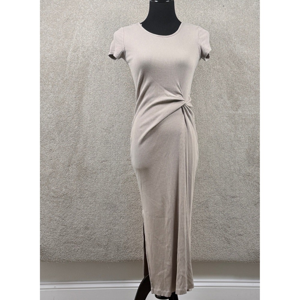 Elie Tahari Womens XS Beige Ribbed Maxi Dress Women Twist Knot Side Slit Casual